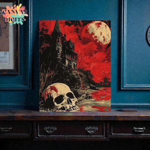 Op de afbeelding: Een canvas print met een spookachtige scène met een schedel op de voorgrond en een spookhuis op een heuvel. Het kunstwerk wordt gedomineerd door rode en zwarte tinten, met een grote maan aan de hemel. De tekst "CANVA DIGITS" is zichtbaar.