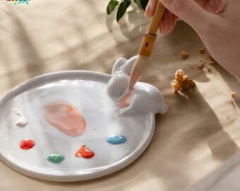 Watercolor Palette In Ceramic, Lunar Rabbit Paint Tray, Porcelain Artist Palette, Easy To Clean Mixing Dish, Painting Accessories