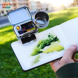 Metalen aquarelpalet reisset, Plein Air-schilderset, draagbare aquarelset met penseel en schetsboek, benodigdheden voor het schilderen van kunstenaars