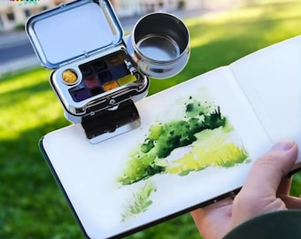Metalen aquarelpalet reisset, Plein Air-schilderset, draagbare aquarelset met penseel en schetsboek, benodigdheden voor het schilderen van kunstenaars