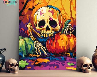 Colorful Skull And Pumpkins Halloween Paint By Numbers, Color By Number Activity For Adults, Diy Acrylic Painting Kit For Artists