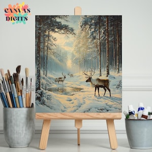 Majestic Reindeers in Snowy Forest Painting Kit, Elegant Canvas Painting By Numbers, Beginner Acrylic Painting, Color By Number For Adults