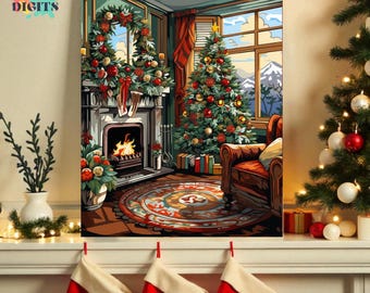 May include: A festive Christmas scene painting featuring a decorated tree, fireplace, and wreath. The artwork showcases a cozy interior with a window view of a snowy mountain. The painting includes a Christmas tree, gifts, and a round rug.