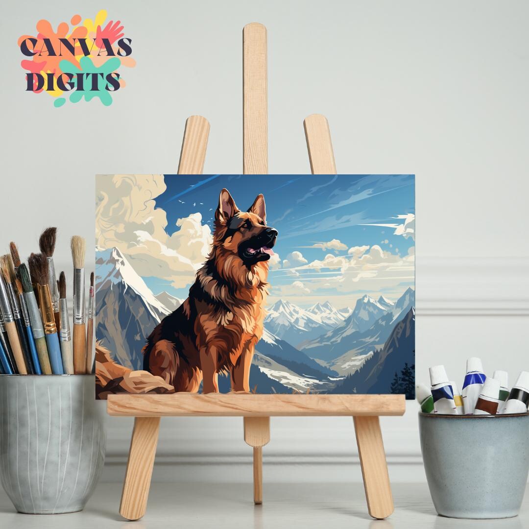 山の中の雄大なジャーマンシェパードの絵画セット、犬好きの方のための