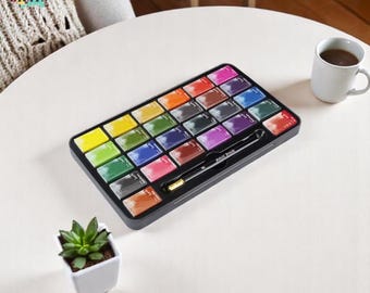 Effen aquarelverfset in metalen doos, aquarelverfset met 26 kleuren, compacte verfset, draagbaar aquarelverfpalet met penseel