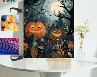 Spooky Diamond Painting Halloween, Diy Diamond Art Kit, Haunted Forest With Glowing Pumpkins, Diy Halloween Wall Art For Adults