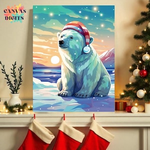 Könnte beinhalten: Digitaldruck eines Eisbären mit rot-weiß gestreifter Mütze und weißem Bommel. Der Bär sitzt im Schnee, mit einer Winterlandschaft im Hintergrund. Der Druck hat den Text "Canvas Digits" in der oberen linken Ecke.