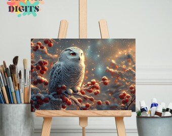 Elegante pintura de búho, elegante búho nival sobre un árbol helado, pintura en lienzo por números, pintura colorida, juego de acuarelas, arte numerado