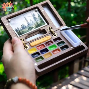 Mini walnoot aquareldoos 12 kleuren, houten palet, compacte aquarelset, walnoot mini verfdoos, schetsset, cadeau voor schilder