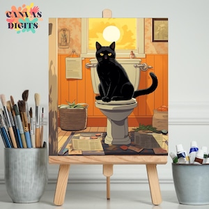 Cat On Toilet Paint By Numbers Kit For Adults, Acrylic Number Painting On Canvas, Funny Bathroom Cat Scene, Paint By Numbers For Cat Lovers