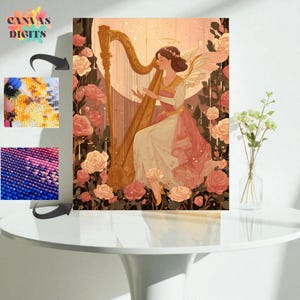 Heavenly Angel With Harp Diamond Painting Kit, Angel Surrounded By Roses, Diy Diamond Embroidery Kit, Diamond Art Activity For Adults