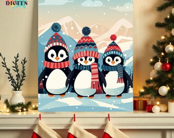 Christmas Penguins Painting Kit, Paint By Numbers For Adults, Canvas Painting By Numbers, Easy Acrylic Numbered Painting, Gift For Artists
