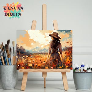 Diy Paint By Numbers Kit For Adults, Woman Walking Through A Romantic Flower Field, Creative Painting On Canvas, Color By Number Activity