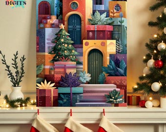Pode incluir: Uma impressão em tela colorida com uma cena de Natal festiva com um design arquitetônico estilizado. A obra de arte inclui uma árvore de Natal, caixas de presente e o texto "CANVAS DIGITS". A paleta de cores inclui tons de vermelho, laranja, azul e verde.