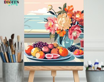 Kit de pintura de frutas y flores, pintura por números en lienzo para adultos, actividad de colorear por números, proyecto de arte acrílico fácil de hacer.