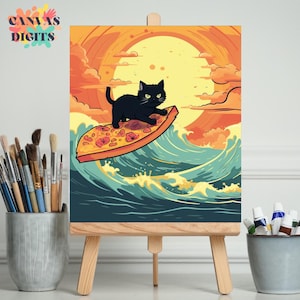 Funny Black Cat Surfing Pizza Painting Kit, Diy Paint By Numbers For Adults, Easy Acrylic Painting For Beginners, Color By Number Activity