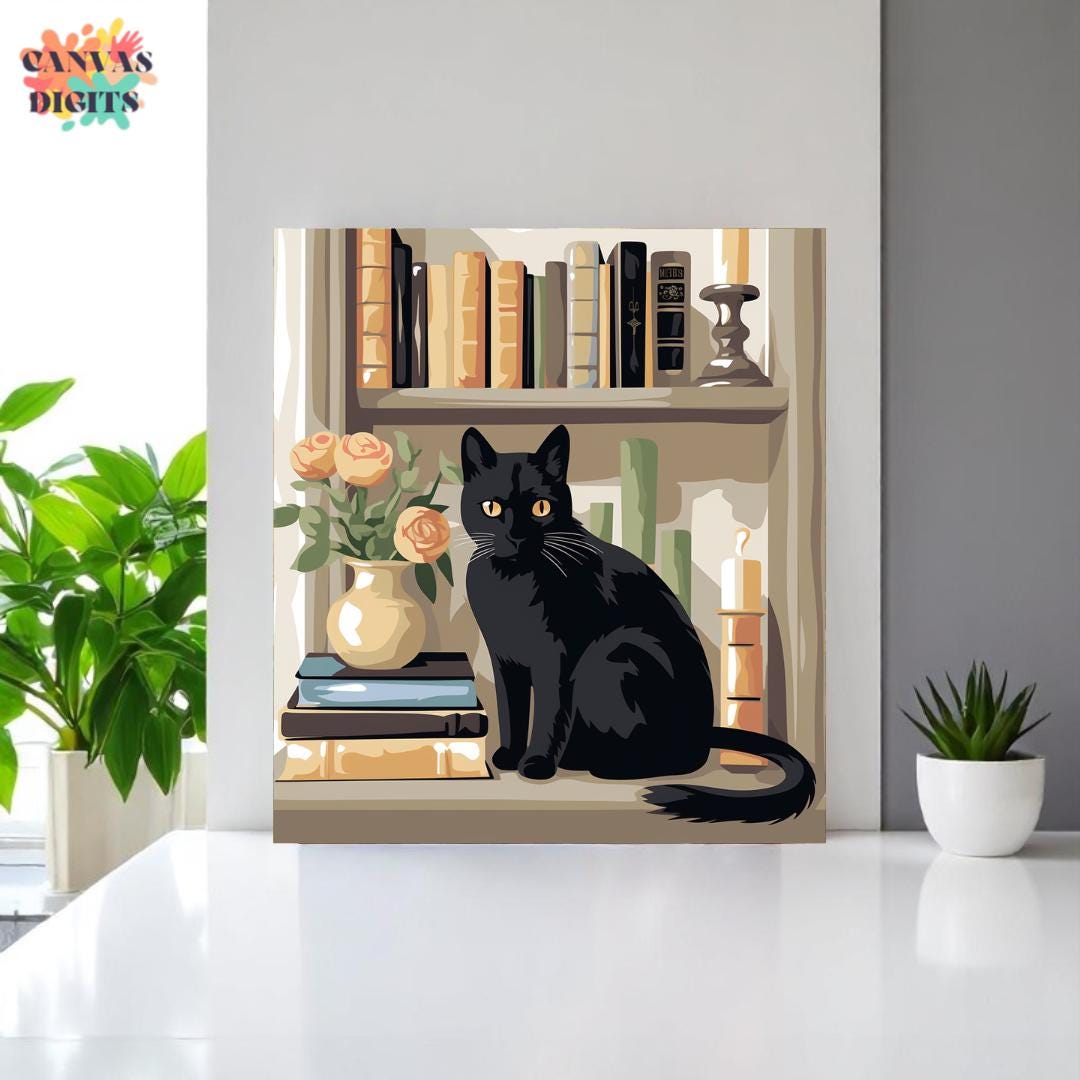 Black Cat on A Bookshelf Painting Kit, Paint by Numbers for Adults, Diy ...