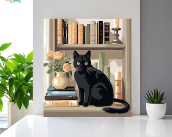 Black Cat On A Bookshelf Painting Kit, Paint By Numbers For Adults, Diy Cat Painting By Numbers Kit, Perfect Gift For Cat Lovers