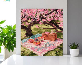 Kit de pintura por números de picnic romántico para adultos, pintura acrílica DIY por números sobre lienzo, picnic de primavera bajo los cerezos, regalo para ella