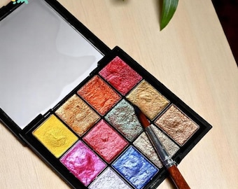 Set de acuarelas perladas de 12 colores, colores sólidos iridiscentes en caja acrílica, material de arte con purpurina para pintar, regalo perfecto para amantes del arte.