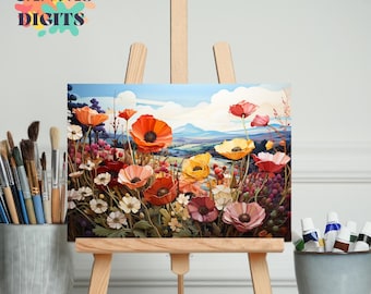 Paint By Numbers Kit Featuring A Flower Meadow Landscape, Relaxing Countryside Flowers Painting Kit On Canvas, Color By Number For Adults