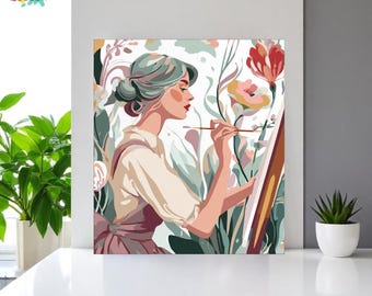 Könnte beinhalten: Ein quadratischer Leinwanddruck mit einer malenden Künstlerin. Das Kunstwerk zeigt eine Frau mit grauem Haar und einem hellrosa Kleid, umgeben von Blumen. Die Worte "Canvas Digits" befinden sich in der oberen linken Ecke.