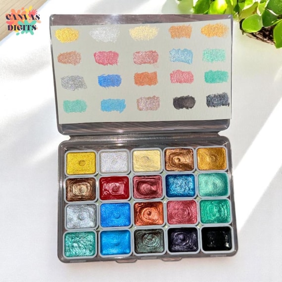 RATEL Set di colori ad acquerello metallizzati, scatola di colori ad acquerelli glitterati solidi, 24 colori metallizzati, solubili e miscelabili, per bambini, principianti e professionisti