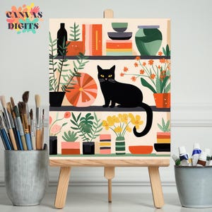 Black Cat Among Flower Pots Paint By Numbers Kit For Adults, Numbered Painting With Cats, SImple Color By Number Activity For Beginners