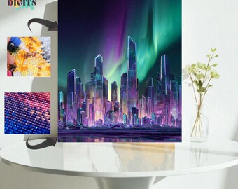 May include: A canvas art piece depicting a futuristic cityscape under a vibrant aurora borealis. The buildings are rendered in shades of purple, blue, and green, with a reflective surface below. The words "CANVAS DIGITS" are in the upper left corner.