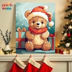 Op de afbeelding: Een canvas print met een cartoon teddybeer met een kerstmuts en rode sjaal, zittend voor ingepakte cadeaus. De achtergrond is een winterse scène met dennenbomen en sneeuwvlokken. De tekst "CANVAS DIGITS" staat linksboven.