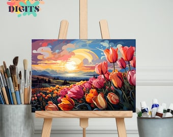 Kit de pintura por números de jardín de tulipanes vibrantes, kit de pintura DIY para amantes de las flores, pintura acrílica de flores para principiantes, pintura de paisajes fácil