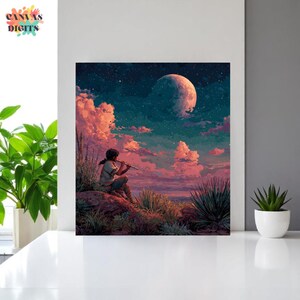 May include: A digital art print featuring a person playing a flute under a night sky with a large moon and pink clouds. The print is titled "Canvas Digits" in the upper left corner. The artwork is set against a white background.