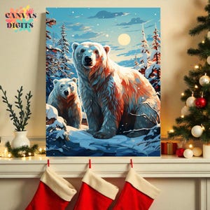 May include: A canvas print depicting two polar bears in a snowy scene under a blue sky with a full moon. The bears are white with orange hues, and the scene includes snow-covered trees. The text "Canvas Digits" is in the upper left corner.