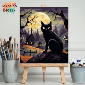 Black Cat Paint By Numbers For Adults, Dark Landscape With Cat Diy Painting By Numbers Kit, Color By Numbers, Perfect Gift For Cats Lovers