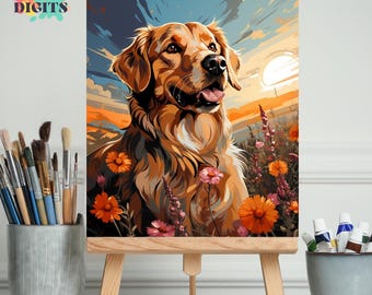 Golden Retriever Painting Kit, Dog In Relaxing Flower Landscape Paint By Numbers Kit, Perfect Dog Lover Gift, Color By Number For Adults