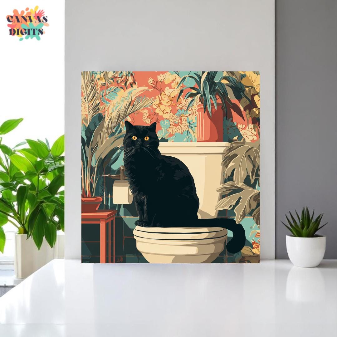Cat Canvas Painting by Numbers, Cat Sitting in the Bathroom, Paint by ...
