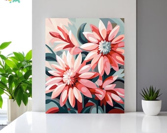 May include: A canvas print of stylized flowers in shades of pink and red with white centers. The artwork has a modern, graphic style with a soft, muted background. The canvas is displayed on a white surface.
