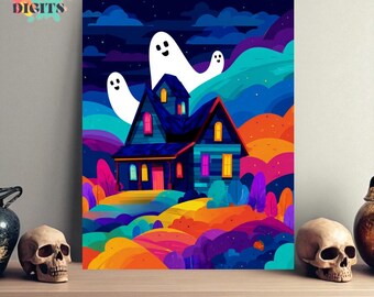 Colorful House With Ghosts Numbered Painting Kit, Diy Acrylic Paint By Number Kit, Easy Colorful Canvas Painting By Numbers, Color By Number