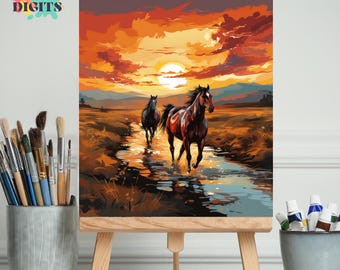 Galopperende paarden Kit schilderen op nummer, scène in zonsondergangvallei, doe-het-zelf schilderen op nummer, kit genummerd schilderen, verfset voor volwassenen, verfset voor volwassenen