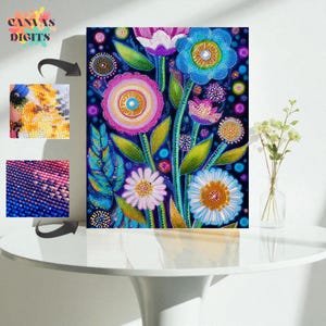 Diamantmålning med blommande blommor, DIY-diamantkonst på kanvas, diamantdotz-blommönster, elegant blommönster för heminredning