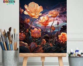 Exotic Flowers Paint By Numbers, Vibrant Night Landscape DIY Painting Kit, Colorful Nature Scene, Relaxing Canvas Art, Artist Gift