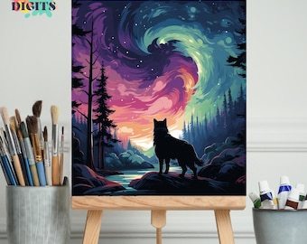 Aurora Borealis Wolf Paint By Numbers Kit For Adults, Wolf And Northern Lights Painting Kit, Colorful Art Of Mystical Wolf, Coloring Numbers