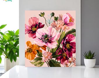 May include: A floral painting featuring a bouquet of colorful flowers. The artwork showcases large, open blooms in shades of pink, orange, and deep red, with green foliage. The canvas has the text "Canvas Digits" in the upper left corner.
