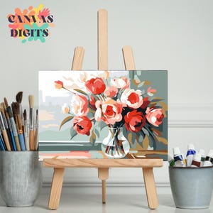Diy Floral Paint By Numbers Kit For Adults, Red Flower Vase Painting Kit, Beginner Canvas Art, Creative Painting Activity For Adults