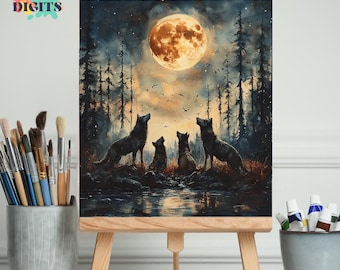 A Family Of Wolves Howling In The Moonlight, Numbered Painting Kit, Paint By Number Canvas, Easy Acrylic Painting For Beginners, Paint Party