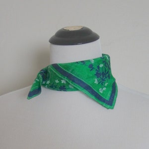 Vintage Vera hand rolled silk scarf, 16" x 16.25", green with navy blue and white flowers, has a hole and abrasions