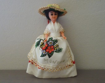 Vintage Monaco Doll, 5.25" Tall Plastic Doll with Straw Hat and Fabric Dress, Tourist Souvenir Hangs From String on Hat, Eyes Do Not Close