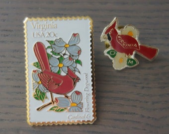 Vintage Virginia State Pins, Set of 2, One Postage Stamp Pin and One Small Cardinal and Dogwood Pin, Both Have Very Minor Wear