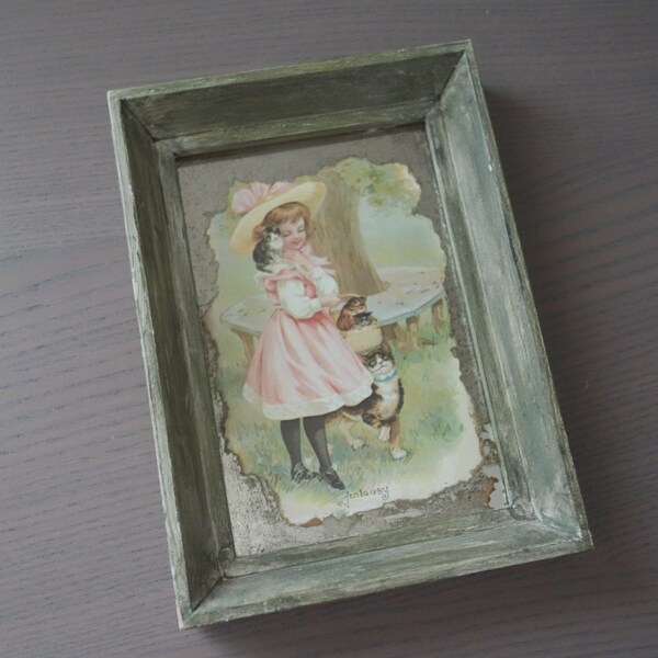 Vintage Katze Bild mit viktorianischen Mädchen, 5,1 "x 7,1" (13 cm x 18 cm), Kätzchen und eifersüchtige Mutter Katze, romantische viktorianische gerahmte Kunst, wie ist