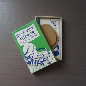 Vintage Gag Gift in Original Box, Rear View Toilet Seat Mirror, Easy to See &quot;Behind&quot; in Small Wooden Mirror, As Is, Damage to Box/Mirror